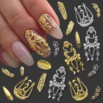 10шт 3D-подвески для дизайна ногтей из сплава Золота, серебряных листьев, подвески для ногтей, ретро выдалбливают Дизайн, подвески для ногтей, Металлические украшения для ногтей, декор