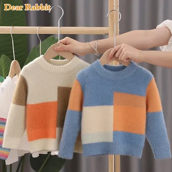 2023 Новые свитера с круглым вырезом из флиса норки, клетчатый пуловер, Вязаная детская одежда, осенне-зимние топы для мальчиков, детская одежда, пальто для малышей