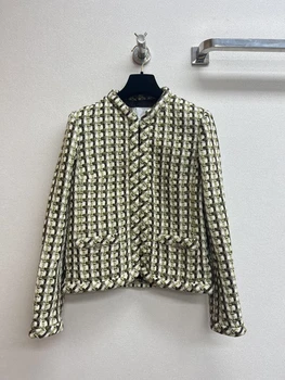 2023 Осеннее шикарное Элегантное женское высококачественное твидовое пальто в винтажную клетку с круглым вырезом C929