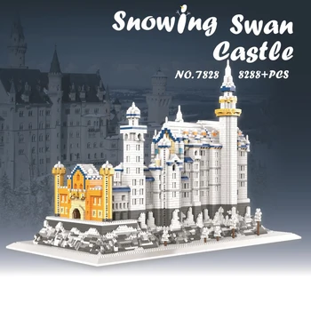 8828шт + Каменный замок со Снежным лебедем, мини-строительные блоки, знаменитая архитектура, 7828 Микро-кирпичей, детские игрушки для Рождественского подарка