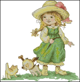 Amishop Высококачественный Прекрасный Милый Набор Для Вышивания Крестиком На Поводке Маленькая Девочка И Собака Щенок Собачка Кошка Котенок Luca-s Luca B1104