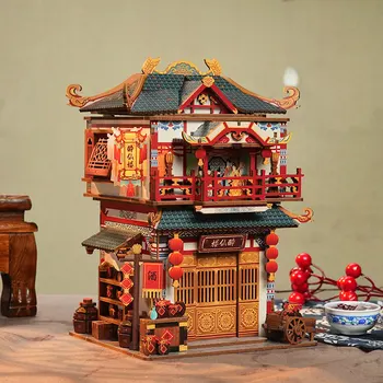 DIY Деревянная Модель Строительные Наборы Китайский Древний Ресторан Индуктивный Ящик Для Хранения City Street View 3D Игрушки-Головоломки для Взрослых Подарки