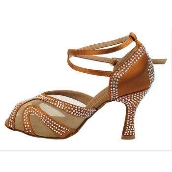 Evkoodance Коричневые туфли для латиноамериканских танцев со стразами на сетчатом каблуке высотой 7 см, пикантные женские туфли для латиноамериканских бальных танцев для сальсы