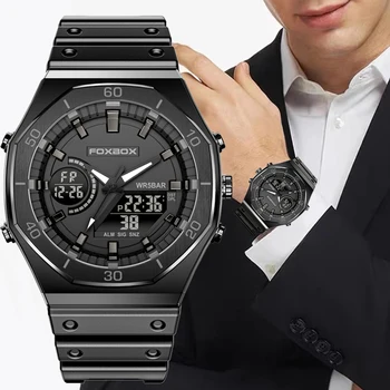 FOXBOX Новые мужские часы с двойным дисплеем, повседневные Спортивные хронограф, кварцевые наручные часы с большим циферблатом, силиконовые Водонепроницаемые Цифровые часы