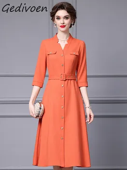 Gedivoen Весеннее Модное Оранжевое винтажное вечернее платье для подиума, женское платье с V-образным вырезом, рукавом Три четверти, поясом на пуговицах, Тонкое длинное платье трапециевидной формы