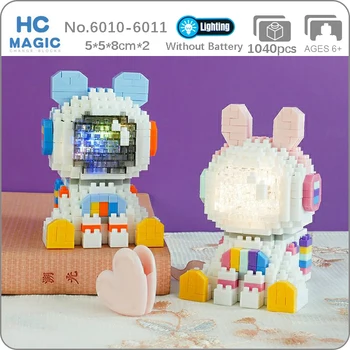 HC Space Rabbit Bear Астронавт со светодиодной подсветкой Шлем Сидячая модель животного DIY Мини Алмазные блоки Кирпичи Строительная игрушка для детей без коробки