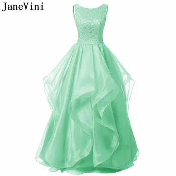 JaneVini 2021, Мятно-зеленые тюлевые платья для выпускного вечера для женщин, круглый вырез, Роскошное Бисероплетение, Трапециевидные оборки на спине, вечернее платье большого размера