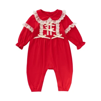 Sanlutoz/ Осенне-красный комбинезон с длинными рукавами для маленьких девочек, хлопковая кружевная детская одежда принцессы