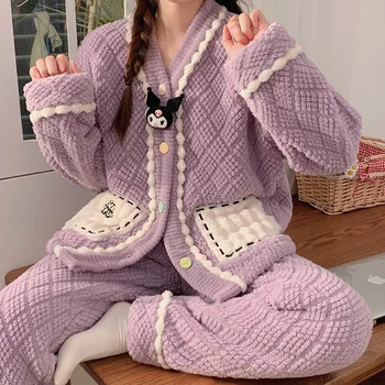 Sanrios Kuromi Фиолетовый Кардиган Пижамный комплект Из зимнего Утолщенного Бархата, Милая Домашняя одежда с вышивкой из кораллового бархата, подарок для девочек