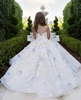 Бальное платье, пышное платье для девочек на День рождения, прозрачная горловина, шнуровка сзади, свадебное платье в цветочек для девочек в возрасте от 2 до 16 лет для Первого причастия