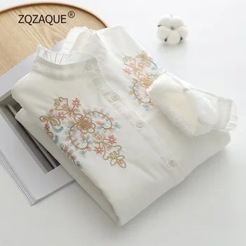 Белая рубашка с воротником-стойкой из флиса для женщин, теплая блузка с длинным рукавом, высококачественная вышивка с цветами, осенне-зимние топы