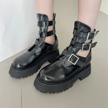 Ботильоны женские черные ботинки на массивном каблуке, платформа в стиле панк, круглый носок, пряжка на ремне, осенняя обувь с вырезами Botas Feminino