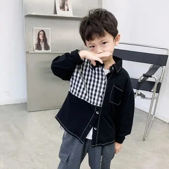 Высококачественная детская модная рубашка с цветным блоком 2023, весенне-осенний топ для мальчиков, Новая линия одежды для детей от 2 до 12 лет в корейском стиле