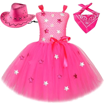 Детские костюмы Барби из фильма для девочек Ярко-розовые платья-ковбойки Балетные пачки с ковбойской шляпой и шарфом Праздничная одежда Рождественские наряды