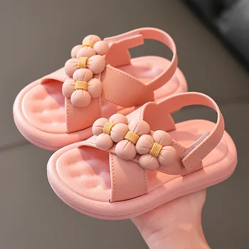 Детские сандалии на плоской платформе для девочек, детская летняя обувь Princess Flower 24-35, розовая мягкая обувь, модная детская пляжная обувь