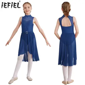 Детское балетное платье для девочек, без рукавов, со стразами, Гимнастический купальник, Лирическое платье, Сценическая одежда для фигурного катания