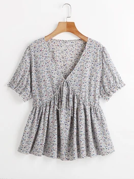 Женская блузка большого размера Finjani, блузки с цветочным принтом, с пышными рукавами и V-образным вырезом, повседневная одежда на лето, новинка