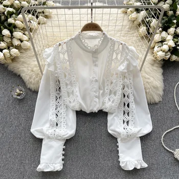 Женская рубашка высокого класса во французском ретро-дворцовом стиле 2023, осенний вязаный крючком дизайн, нишевый легкий роскошный топ знаменитостей