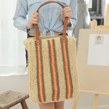 Женская тканая сумка-тоут, модная полосатая застежка, Мягкая сумка через плечо, сумка для покупок, Пляжный отдых