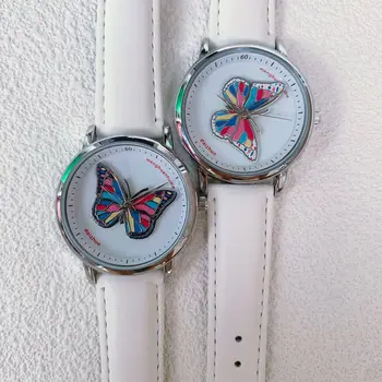 Женские кварцевые часы для студенток с бабочкой Вращающийся дизайн Reloj Наручные часы из белой кожи Вращающиеся часы Наручные часы