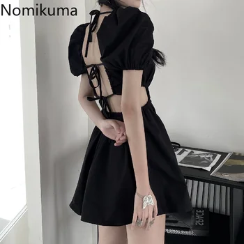 Женские платья Nomikuma 2023 Летние платья с пышными рукавами и открытой кулиской Y2k Vestidos Винтажные Сексуальные уличные короткие платья Harajuku Street