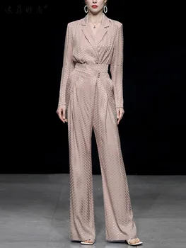 Женский жаккардовый комплект, осень 2023, модный элегантный Оранжево-розовый блейзер, блузка, топ, широкие брюки, Костюм с длинными брюками, новое поступление