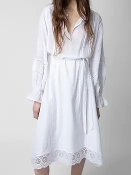 Женское платье 2023 Весна / лето, новое дизайнерское решение, Высококачественное Элегантное белое кружевное платье с V-образным вырезом и длинным рукавом.