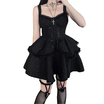 Женское черное мини-платье в стиле харадзюку с завязывающимся корсетом, без рукавов, с кружевной отделкой в цветочек, в стиле пэчворк, с открытой спиной, тонкое мини-платье клубной уличной одежды