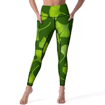 Зеленые Леггинсы Ginko Biloba с милым принтом листьев, Тренировочные штаны для йоги, модные леггинсы с эффектом пуш-ап, Эластичные Спортивные леггинсы с графическим рисунком, подарок