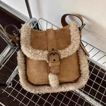 Зимняя женская сумка из овечьей шерсти в стиле ретро, новая мода, Высококачественные плюшевые сумки через плечо, простая повседневная универсальная сумка через плечо