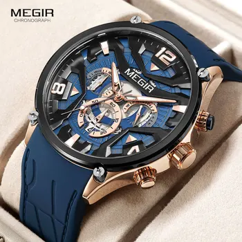 Кварцевые часы MEGIR Military Sport, мужские темно-синие, с силиконовым ремешком, водонепроницаемые наручные часы с датой, хронограф, Светящиеся стрелки 24 часа в сутки