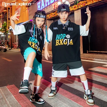 Контрастная футболка в стиле хип-хоп для мальчиков, Шорты для уличных танцев, Летние комплекты одежды Поло в стиле пэчворк для девочек, детская уличная одежда, Детские джазовые костюмы