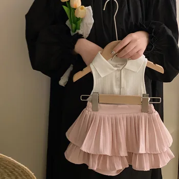 Корейский модный комплект детской одежды для девочек с отложным воротником, полосатая Белая рубашка без рукавов + Розовая многослойная юбка с высокой талией, короткая