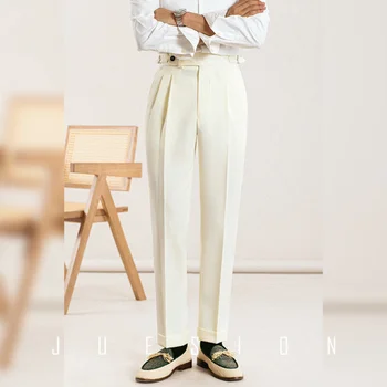 Коричневые Прямые брюки с высокой талией для отдыха, мужские универсальные офисные брюки, модные деловые Итальянские Парижские брюки на пуговицах, мода