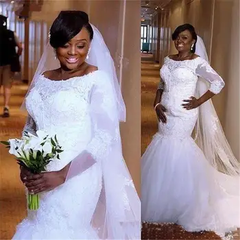 Кружевные Свадебные платья Русалка Свадебные платья с Полудлинными рукавами Плюс Размер Африканский Свадебный халат с аппликацией