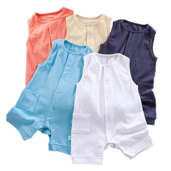 Летний комбинезон для новорожденных для девочек и мальчиков, однотонные муслиновые комбинезоны без рукавов, повседневная одежда для младенцев, цельные вещи для малышей 0-2 лет