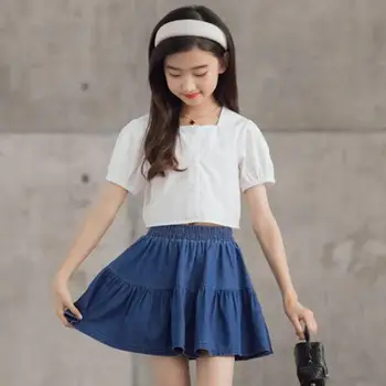Летняя одежда для девочек 2023, новая Корейская детская одежда, детская джинсовая юбка, Детские джинсовые плиссированные юбки для девочек, джинсовая юбка для подростков-студентов синего цвета