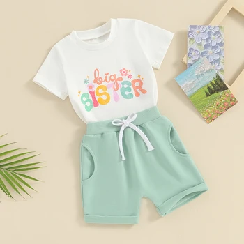 Летняя одежда для маленьких девочек из 2 предметов, топы с буквенным принтом с коротким рукавом и шорты с эластичной резинкой на талии, детская одежда