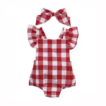 Летняя одежда для новорожденных детей, одежда для маленьких девочек, красный клетчатый комбинезон, красный комбинезон с повязкой на голову, одежда 0-18 м, прямая поставка