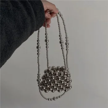 Металлическая серебряная сумка через плечо премиум-класса, расшитая бисером, ручная мини-милая маленькая сумка на одно плечо с жемчужной цепочкой