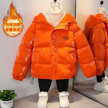 Модная новая верхняя одежда для девочек и мальчиков, зимние теплые утепленные пуховики, детские блестящие пальто с буквенным принтом, детская одежда, стеганая куртка с капюшоном
