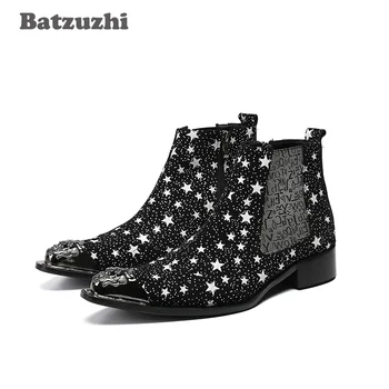 Мужские ботинки Batzuzhi Western Rock с острым металлическим носком, кожаные ботильоны Black Stars, мужские защитные военные ботинки Botas Hombre, US12