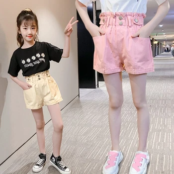 Новые летние шорты для девочек, модные однотонные штаны с эластичной резинкой на талии, детская одежда, повседневные хлопковые штаны для маленьких девочек в корейском стиле