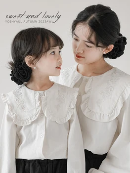 Одежда для девочек, весенне-осенняя белая рубашка с кружевными отворотами в стиле ретро, детский топ