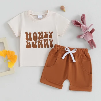Одежда Для маленьких мальчиков с принтом пасхального кролика, футболка с коротким рукавом, топы и эластичные шорты для бега трусцой, летний комплект
