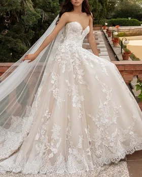 Официальное свадебное платье для помолвки 2023 Без бретелек Кружевные аппликации Свадебные платья с открытой спиной на заказ Vestidos De Noiva