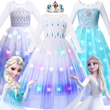 Платье Disney Frozen Princess со светодиодной подсветкой для маленьких девочек, Карнавальный костюм Эльзы и Анны, Одежда для вечеринки в честь Дня рождения в Пурим 2-10 лет