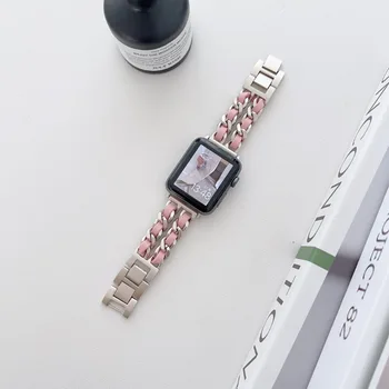Ремешок для часов из кожи + нержавеющей Стали для Apple Watch 8 7 41 мм 45 мм Тонкий браслет серии Starlight с Металлическим Звеном для iWatch 7 8