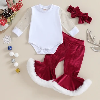 Рождественский наряд для маленьких девочек, толстовка с буквенным принтом, топы с расклешенными штанами, 2 предмета милой одежды