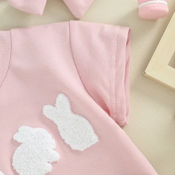 Розовый Пасхальный комбинезон для маленьких девочек, короткий рукав, повязка на голову с вышивкой в виде белого кролика, Весенне-летний комплект одежды для новорожденных